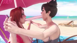 Tracer and Emily Double Dildo Deepthroat [GuiltyK]