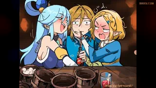 Zelda, Aqua, Link in a bar